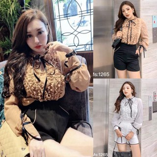 Sét áo tiểu thư tay dài bèo cổ cột nơ phối quần đùi viền hàng thiết kế
