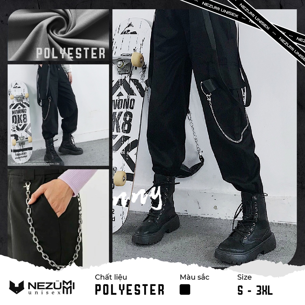 Quần jogger unisex nam nữ ulzzang boxpant, quần túi hộp đen kèm xích và đai hiphop dance đường phố