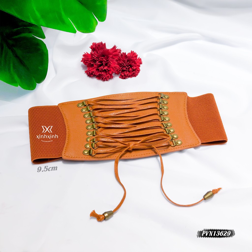 Thắt lưng đai váy Corset da bản to đính khuy phối dây đan chéo thời trang