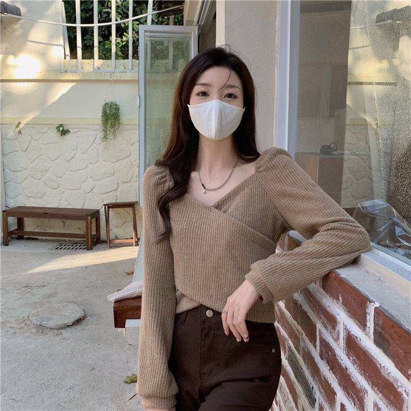 Áo thun tay phồng dài cổ chữ V màu trơn thời trang thu đông cho nữ