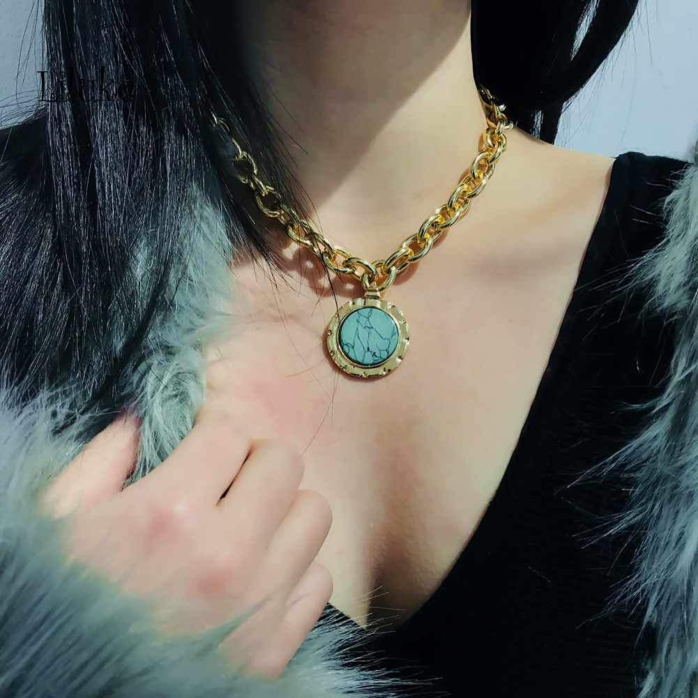 Dây Chuyền Hợp Kim Trang Trí Mặt Tròn Đính Ngọc Lam Giả Xinh Xắn Cho Nữ