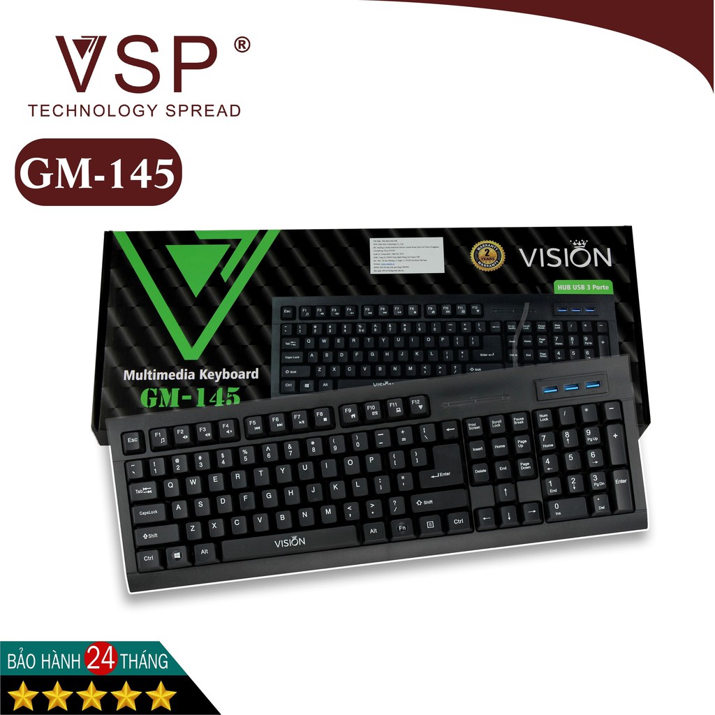 K049 Bàn Phím Có Dây Vision GM-145 tích hợp 3 cổng USB + Multimedia