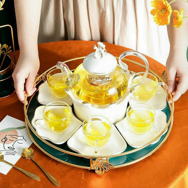 [ Có sỉ ] [SẴN] Bộ ấm kèm đế đun treo cốc thủy tinh chịu nhiệt, khay tròn bằng sứ, bộ bình trà