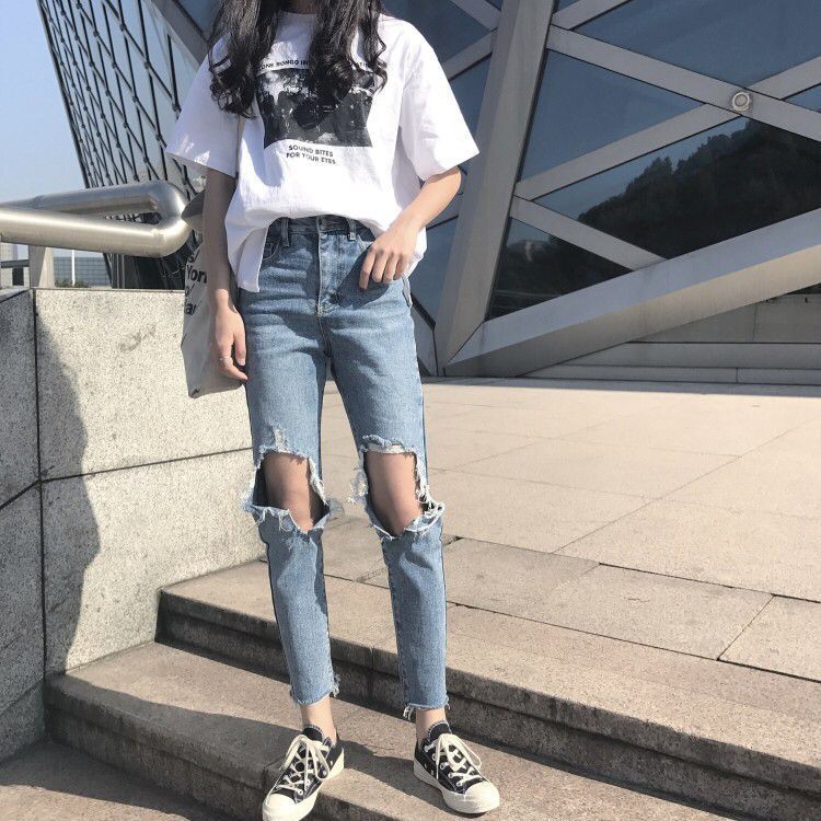 Quần baggy jean ulzzang rách gối / quần ống suông retro cá tính