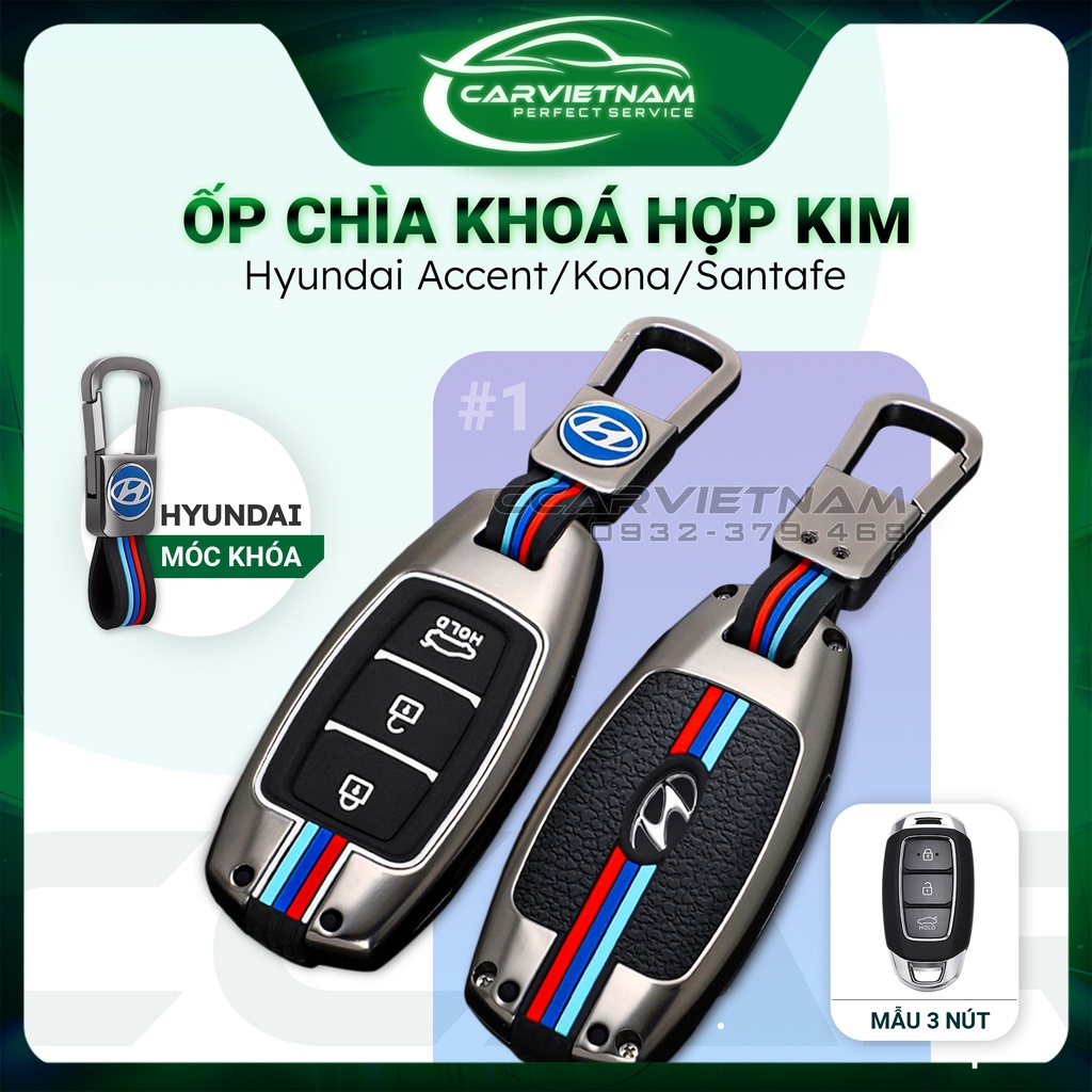 [TẶNG 1 viên rửa kính] Ốp Khóa Ô Tô Hợp Kim Hyundai Accent 2018-2020, Kona 2018-2020, Santafe 2018-2020 (3 nút) Cao Cấp