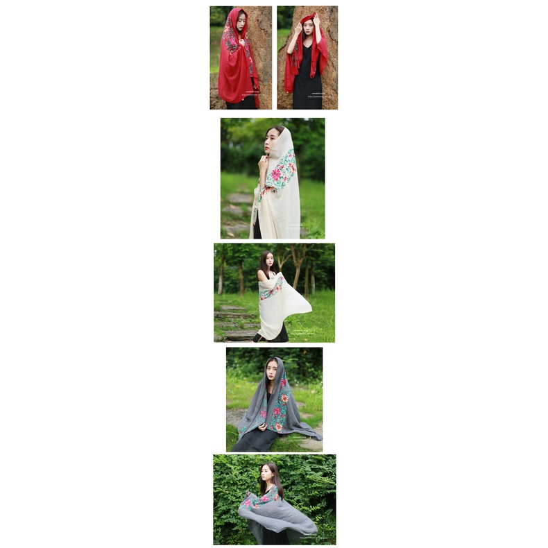 Khăn Choàng Lụa Cỡ Lớn Thêu Họa Tiết Hoa Phong Cách Dân Tộc Thời Trang Đi Biển Mùa Hè