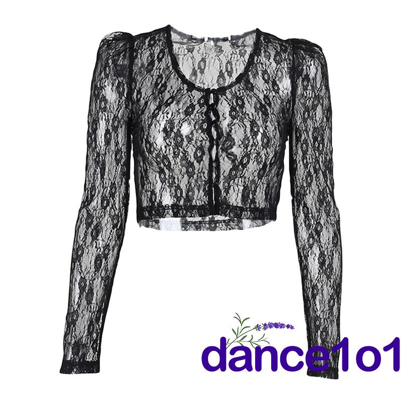 Áo croptop tay dài cổ chữ V phối ren quyến rũ dành cho nữ