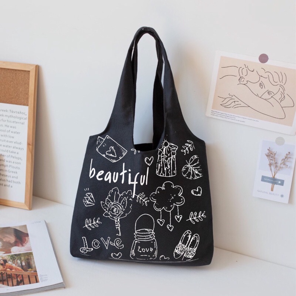 Túi tote Hazin túi vải canvas nữ Beautiful đựng vừa laptop cỡ lớn đeo vai phong cách ulzzang