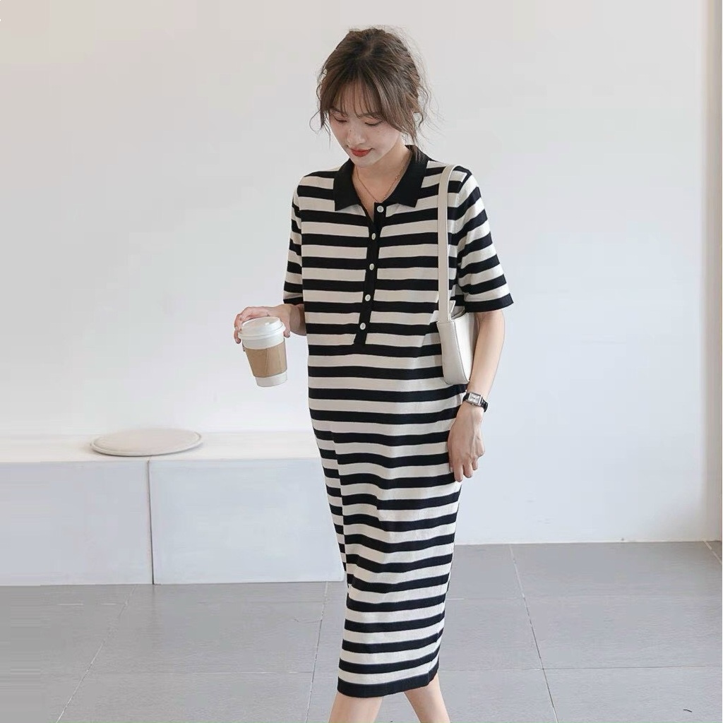 Váy bầu kẻ cotton, đầm bầu  hàng đẹp loại 1, cổ sơmi form suông rộng cực xinh trẻ cho mẹ đi làm, đi chơi