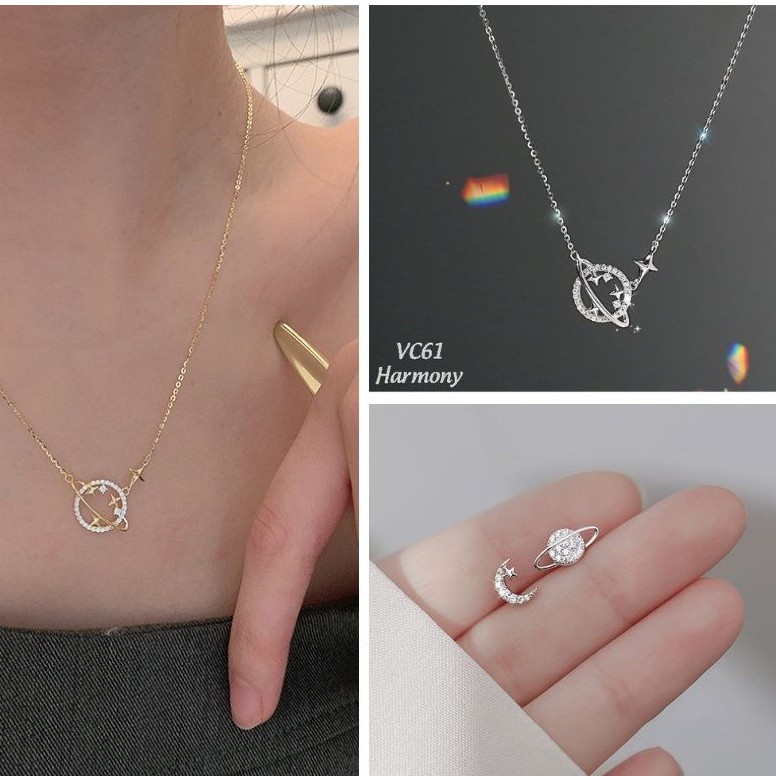Bộ trang sức bạc mạ vàng cao cấp, khuyên tai và dây chuyền nữ Galaxy xinh xắn, sang chảnh S35 | TRANG SỨC BẠC HARMONY