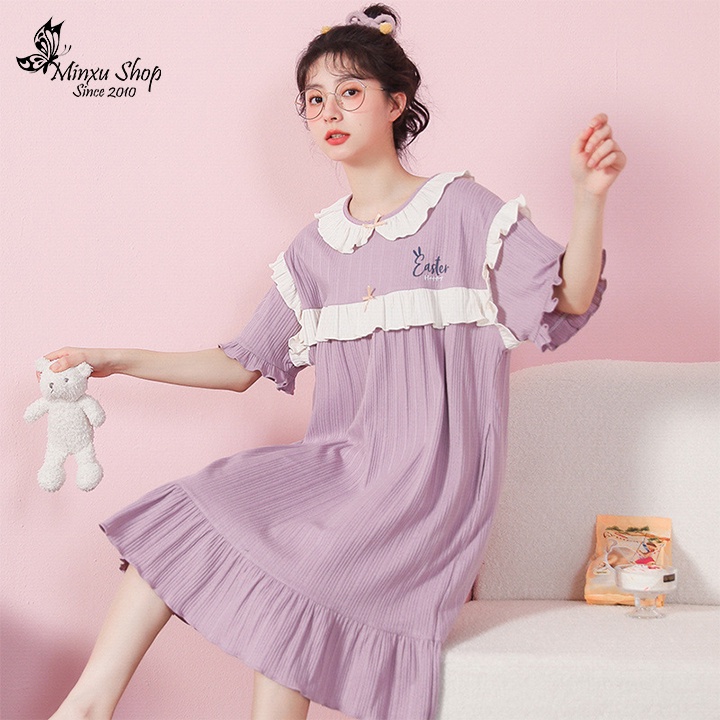 Váy ngắn tay dáng xuông Minxu shop, váy cotton cao cấp, đầm ngủ mặc ở nhà mềm mát dễ thương VX13