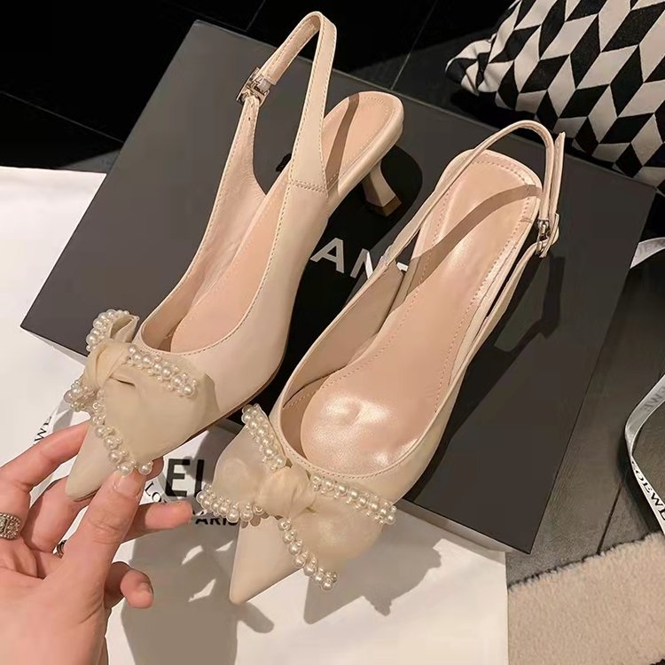 Giày cao gót nữ 5 cm mũi nhọn gót hở nhọn dây quai cài sau đính nơ ngọc trắng đế chống trơn trượt &209