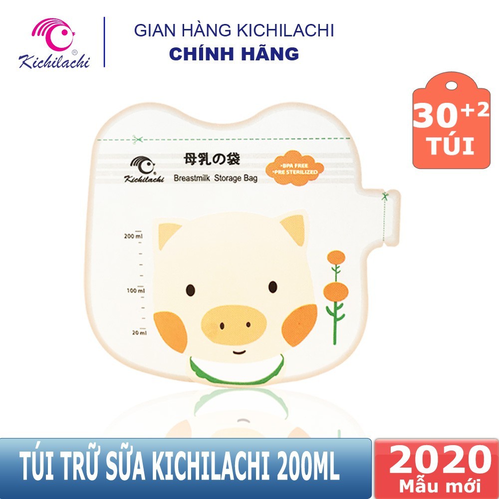 (Tặng 01 bút dấu) Hộp 30+2 Túi trữ sữa, đựng sữa mẹ Kichilachi 200m Free BPA họa tiết ỉn con