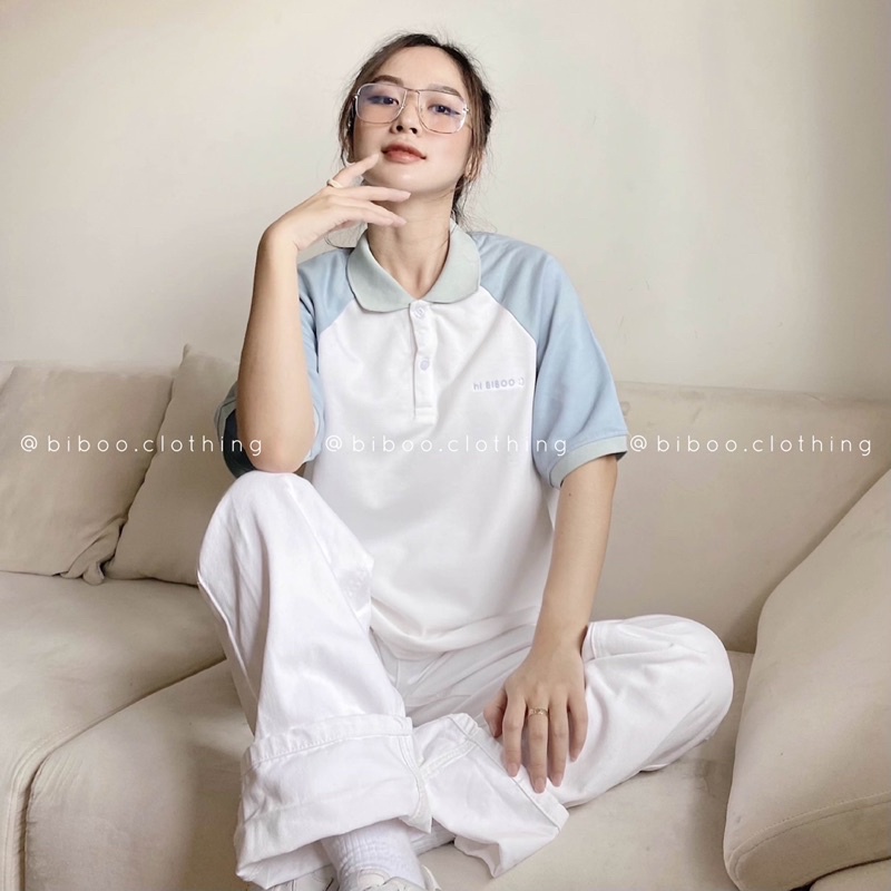 BIBOO - Áo thun polo raglan tay lửng form rộng hình thêu HI BIBOO