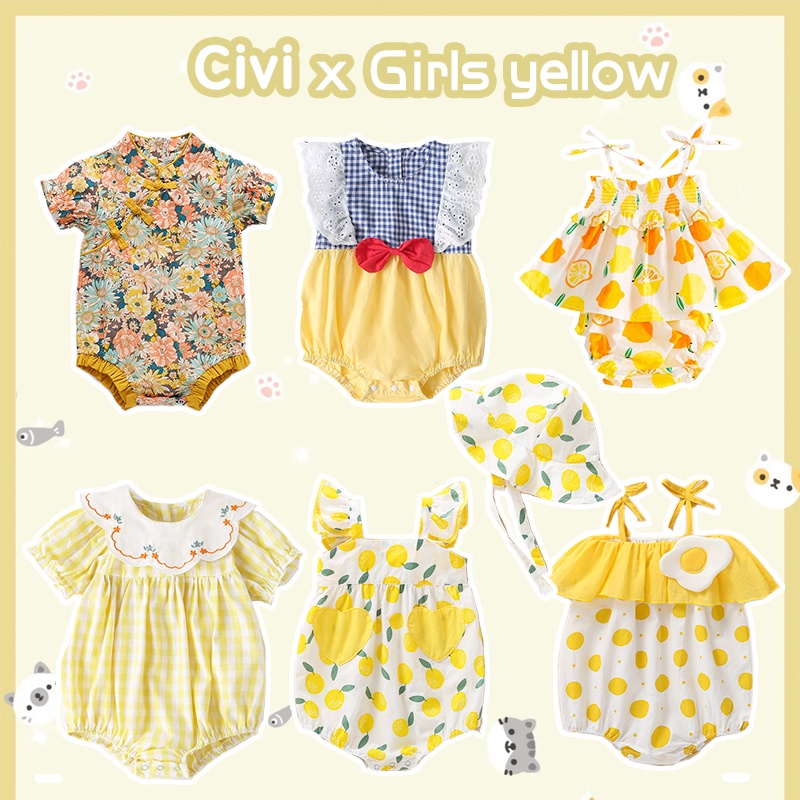 Bộ Áo Liền Quần Bằng Vải Cotton Màu Vàng In Hoa Dành Cho Bé Gái Sơ Sinh 0715