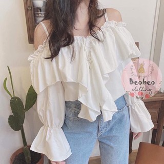 [Ảnh thật] Áo 2 dây trắng trễ vai phối bèo tay bo loe ulzzang