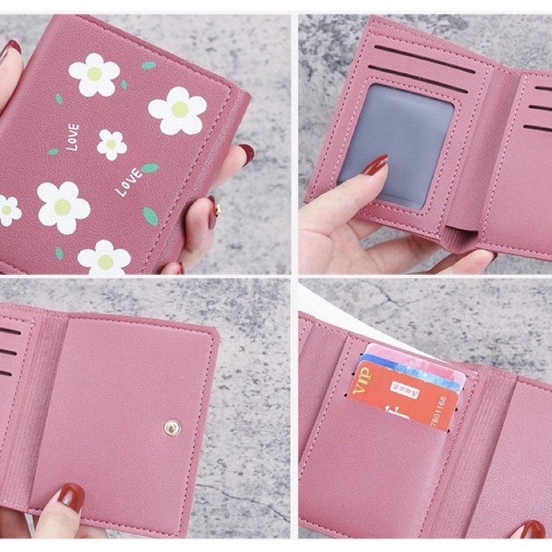 Ví nữ ngắn mini cầm tay gập ba hình hoa dễ thương