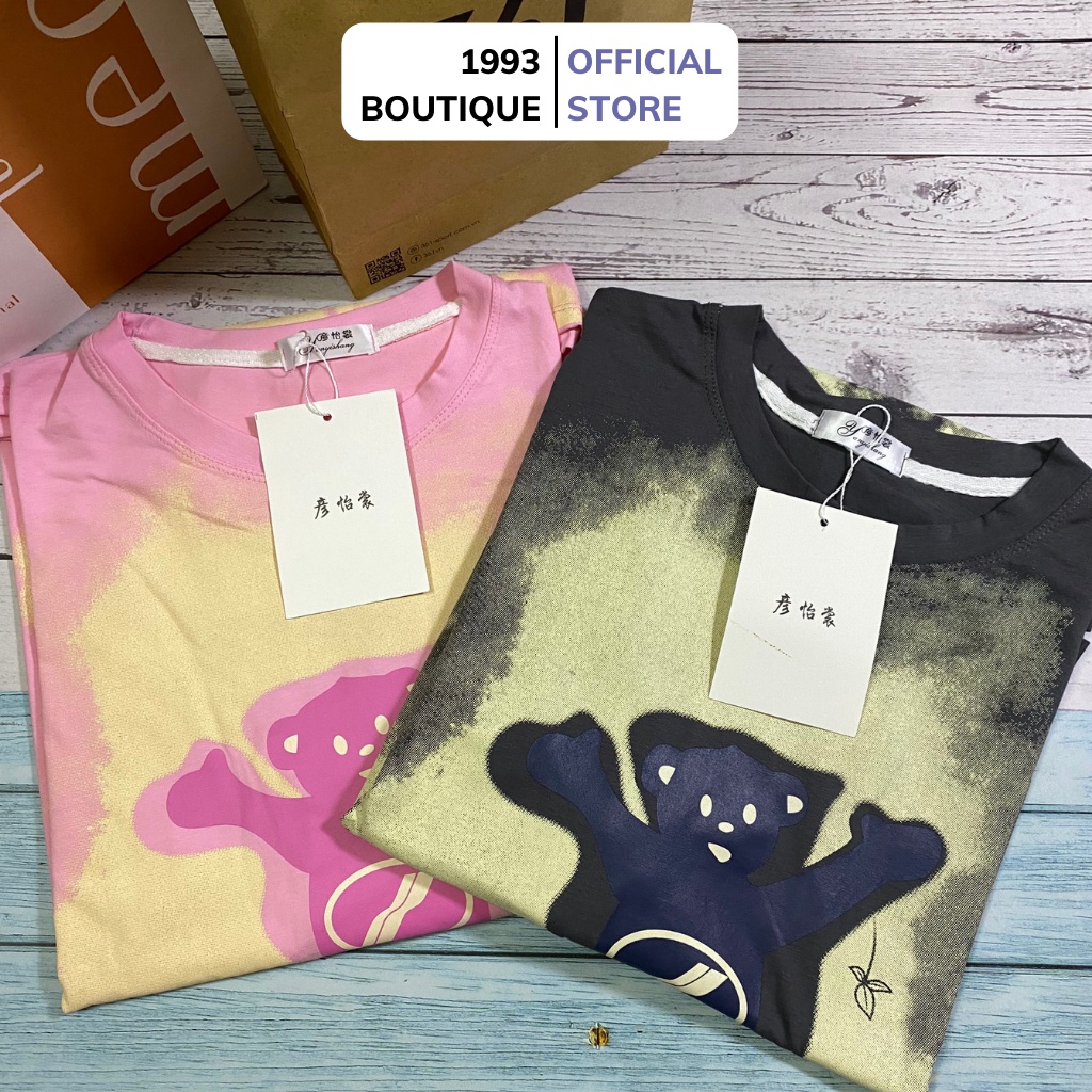 Áo phông nữ tay lỡ form rộng cổ tròn in hình gấu chất cotton mềm mịn thấm hút mồ hôi co dãn 4 chiều