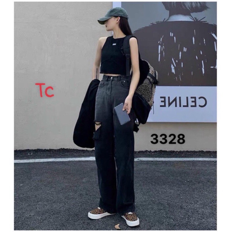 Quần bò ống rộng loang khói trơn và rách#quần jeans ống rộng loang trơn và rách
