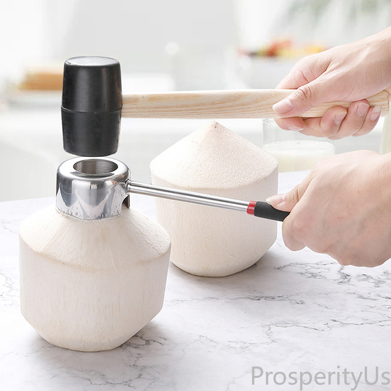 Búa Cao Su Cán Gỗ Và Tua Vít Mở Dừa Bằng Thép Không Gỉ