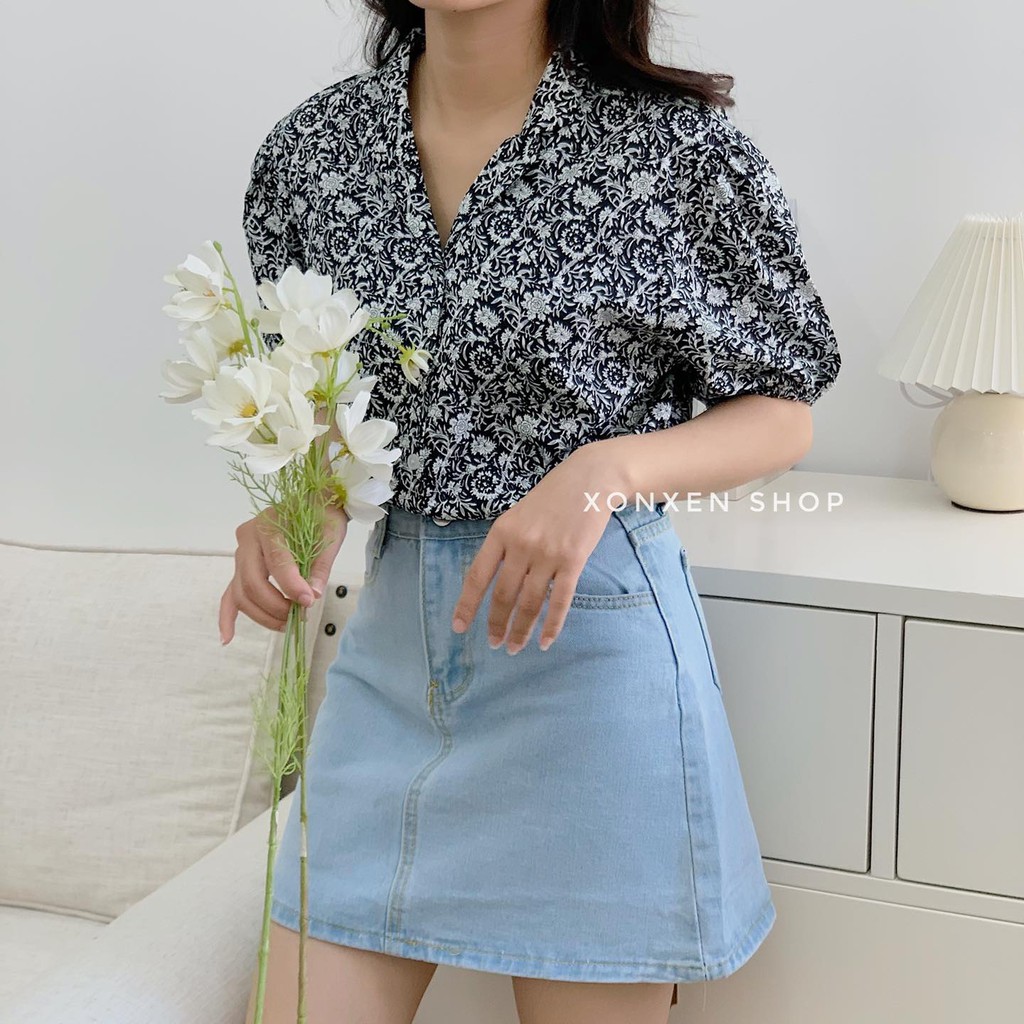 Sơ mi cổ tàu, sơ mi hoa nhí cổ bẻ dễ thương XONXEN SHOP free size mã 5377