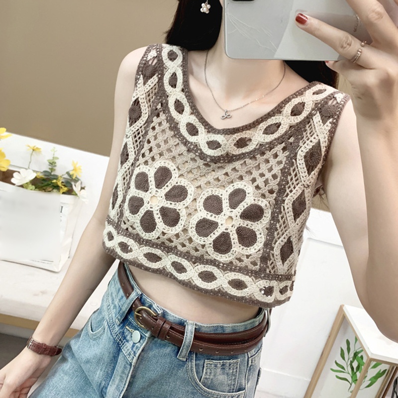 Áo Croptop Dệt Kim Dáng Rộng Họa Tiết Hình Học Phong Cách Vintage Cho Nữ