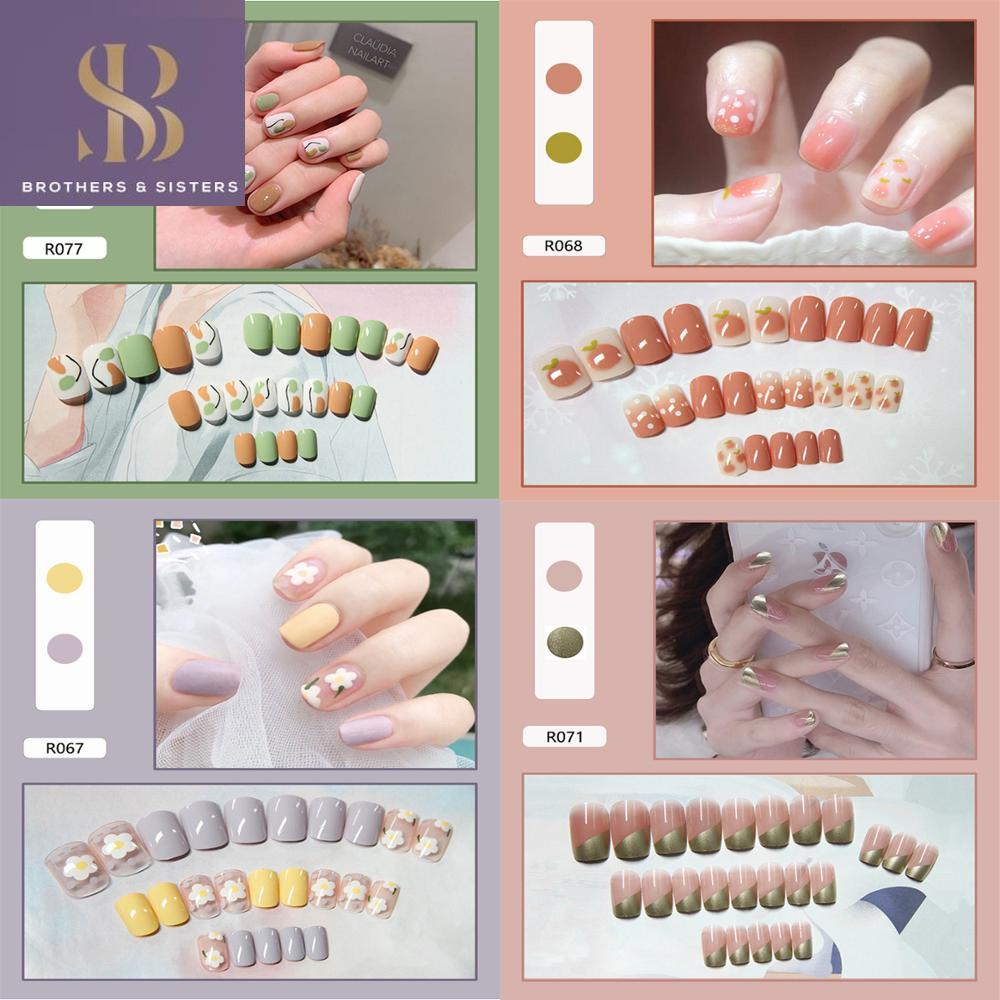 【READY STOCK】24 chiếc / hộp móng tay giả với keo thời trang móng tay phụ nữ 20 Kiểu Đính kèm Keo fake nails