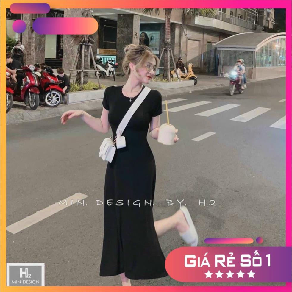 Đầm thun trơn basic xẻ tà, đầm đen cổ tròn ôm body dáng dài đơn giản dạo phố trẻ trung