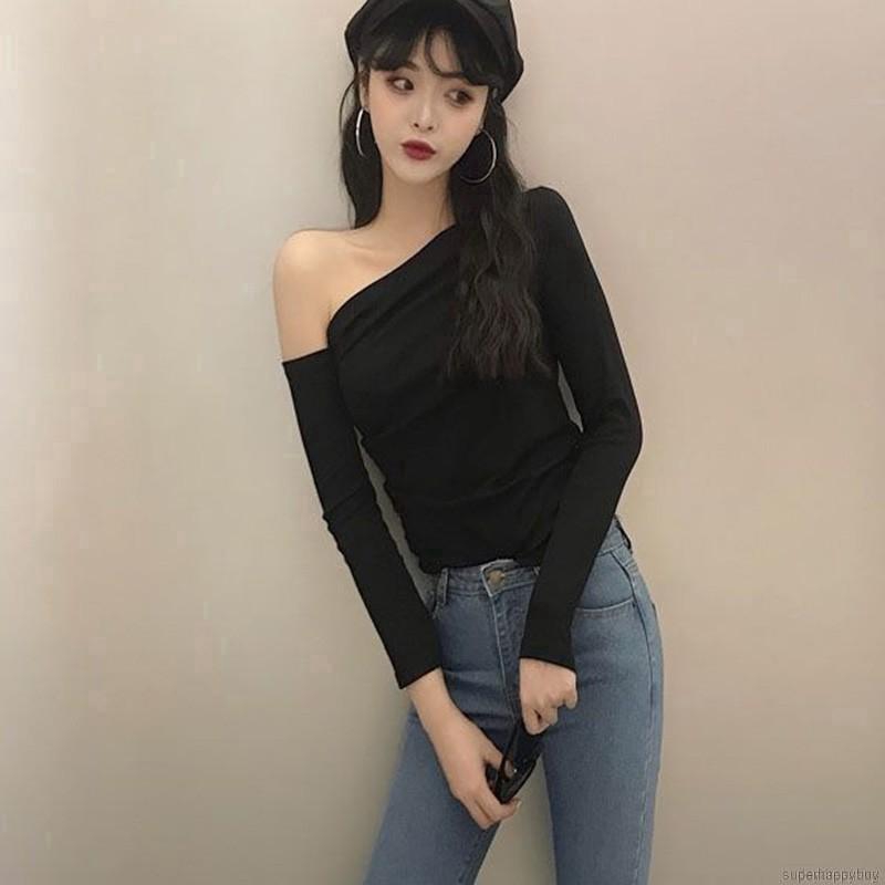 Áo thun nữ tay dài gợi cảm phong cách hồng kông