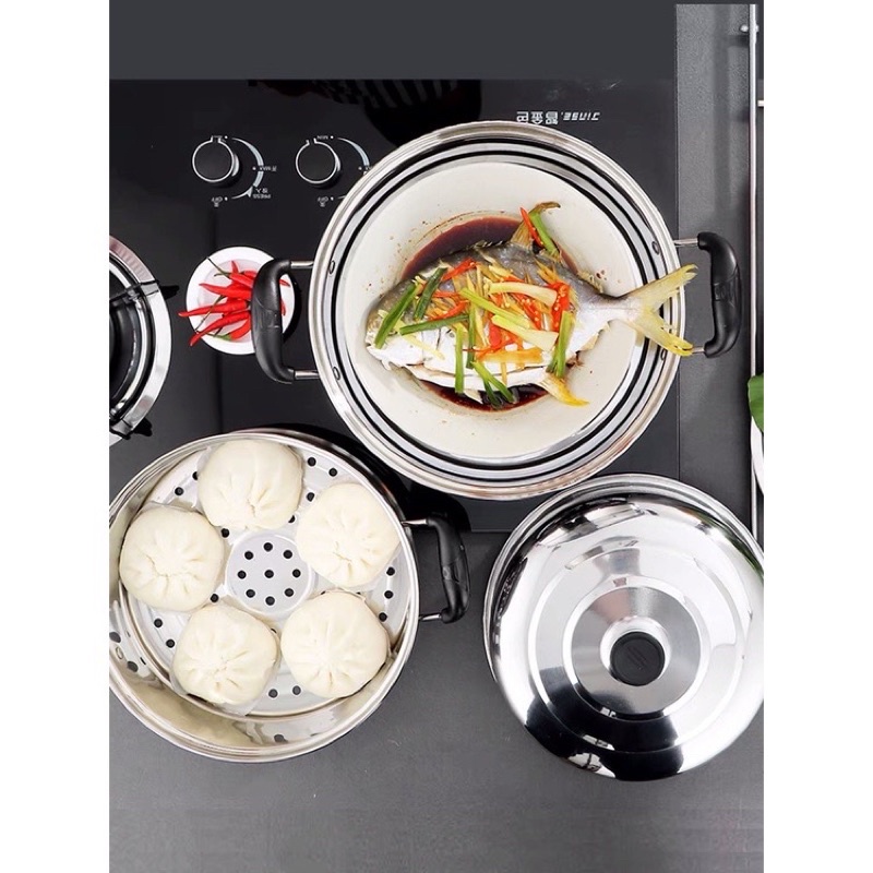 nồi hấp inox 3 tầng siêu tiện dụng vừa hấp vừa nấu size 28
