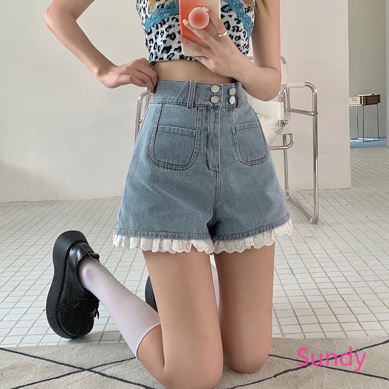 Quần Short Dáng Chữ A Lưng Cao Phối Ren Form Rộng Thời Trang Mùa Hè Cho Nữ