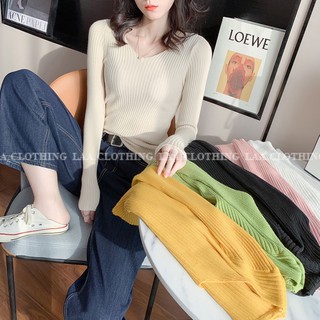 [Sẵn] Áo len tăm dài tay nữ cổ chữ V