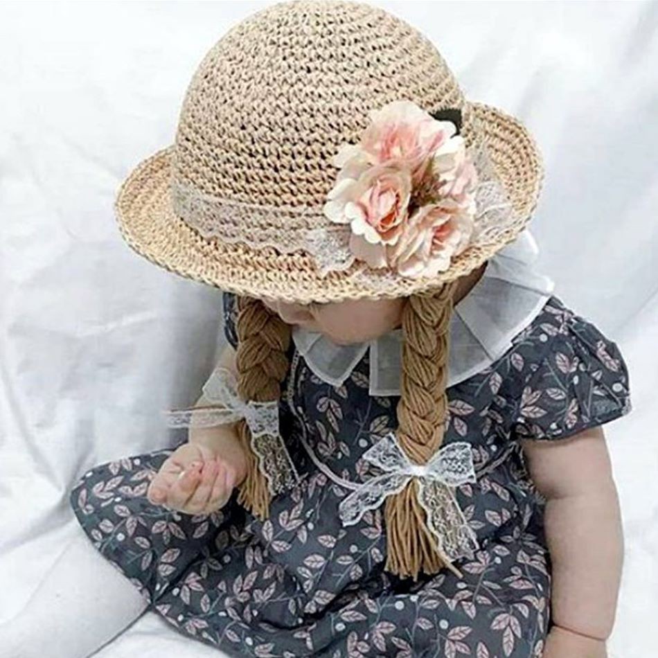 Nón vành cói bím dài ren hoa dễ thương