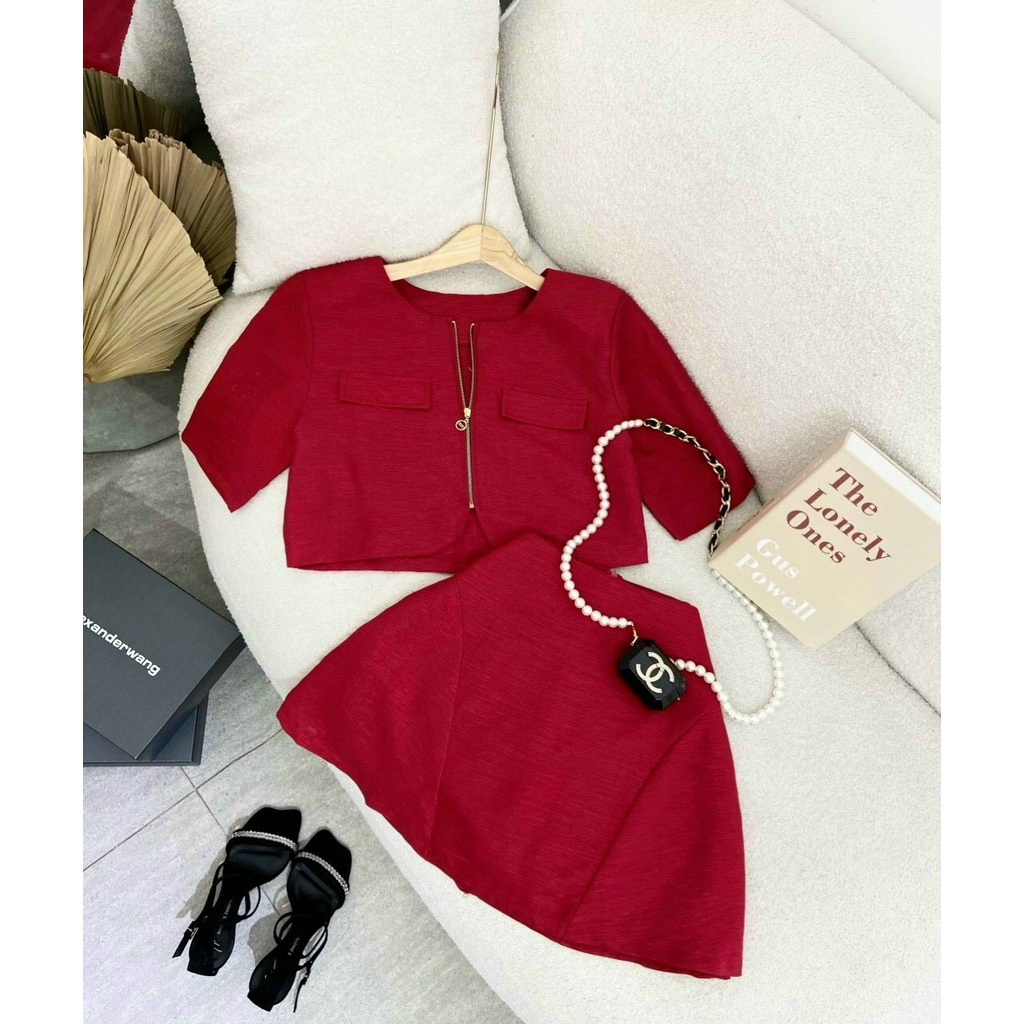 Set Áo Dây Kéo Dọc Và Chân Váy Có Lót