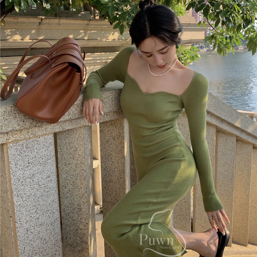Váy body cổ tim tiểu thư phong cách retro Đài Loan Puwn Shop