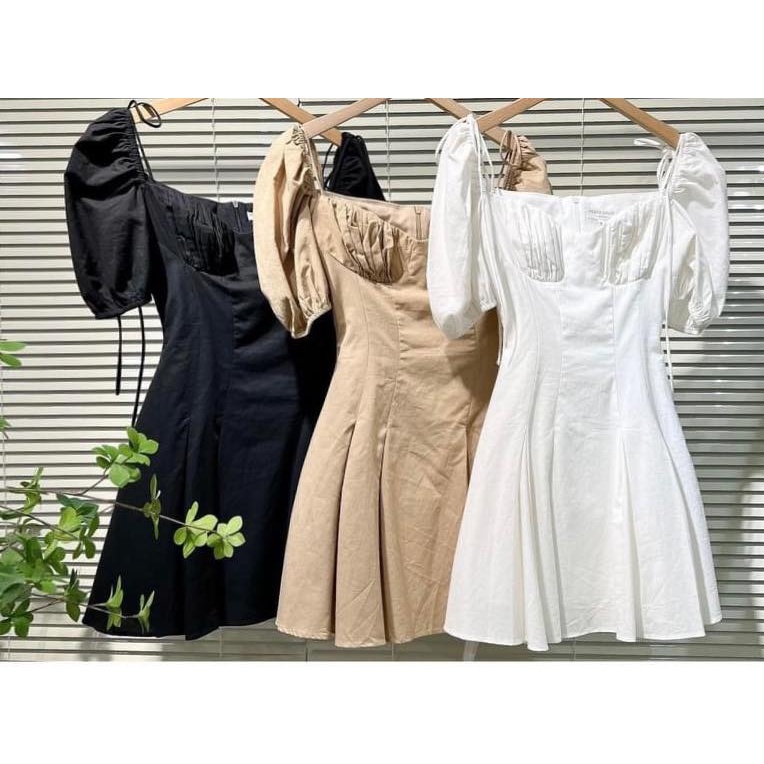 [Ảnh thật] Đầm xòe nhún ngực 2 dây cột nơ tay phồng