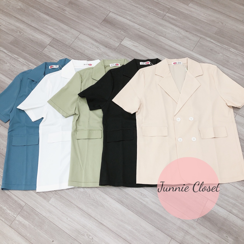 Áo khoác ngắn tay 1 lớp chất Ruby trượt Hàn Áo blazer cộc 5 màu hottrend túi giả Junnie Closet