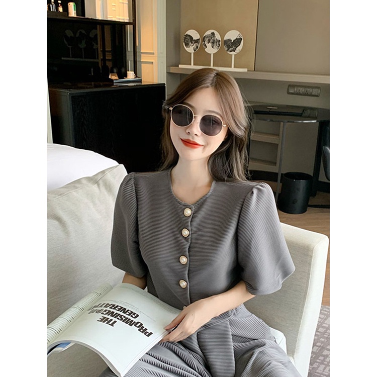 Áo kiểu nữ croptop tay bồng [2 lớp] - Sơ mi dáng ngắn phối cúc ngọc A-CN