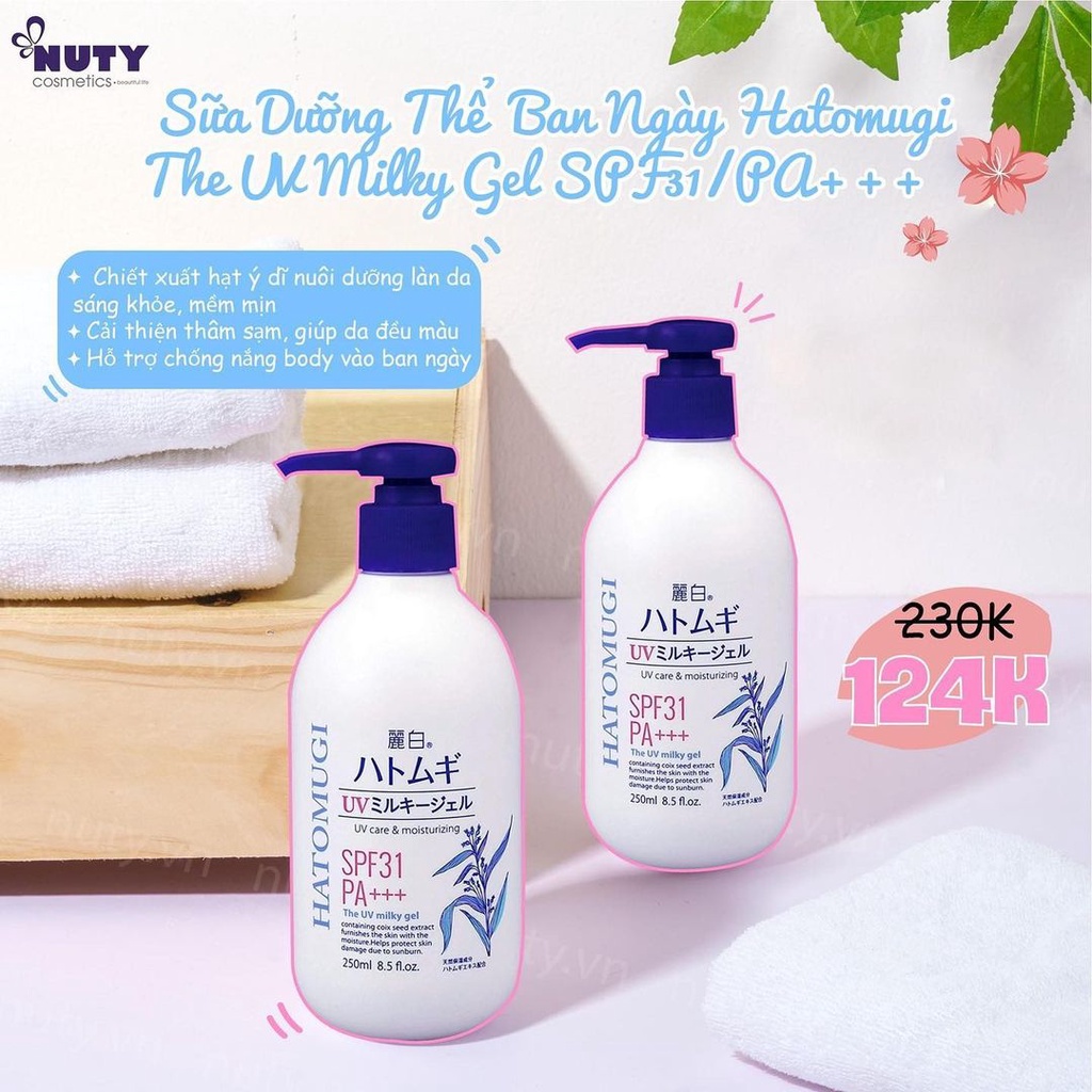 Sữa dưỡng thể Hatomugi 2 in 1, DƯỠNG TRẮNG &amp; CHỐNG NẮNG Spf31 PA +++ 250ml, dưỡng đêm ý dĩ 400ml, dưỡng thể nâng tone.