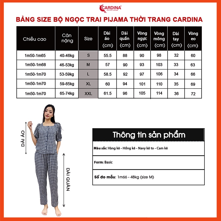 Đồ bộ nữ CARDINA 4 màu kẻ chất thô nhật cao cấp áo cổ vuông tay phồng quần dài thoáng mát nhẹ nhàng 2BTH02