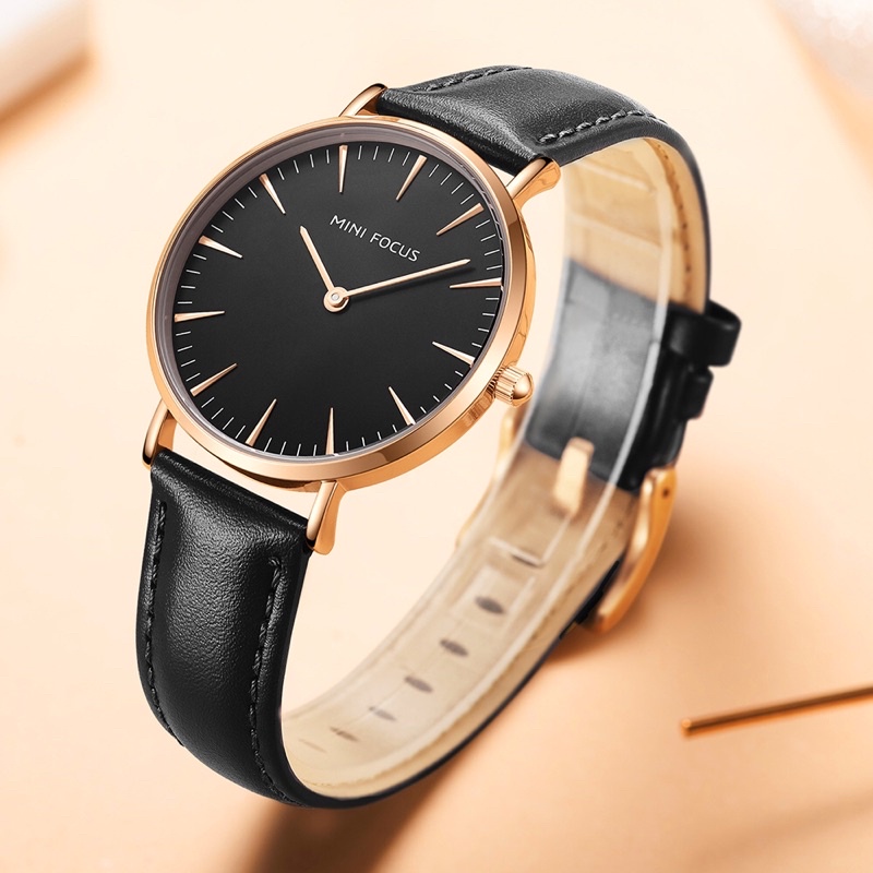 Đồng hồ nữ MINI FOCUS MF0318L.05 dây da thật màu đen viền thép không gỉ màu vàng 2 kim hàng chính hãng cao cấp Nhật Bản