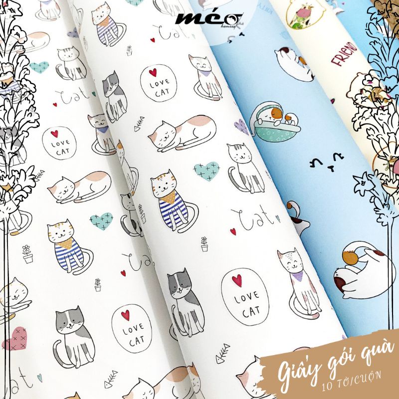 Cuộn 10 tờ GIẤY GÓI QUÀ (50x70cm ) hình MÈO đáng yêu