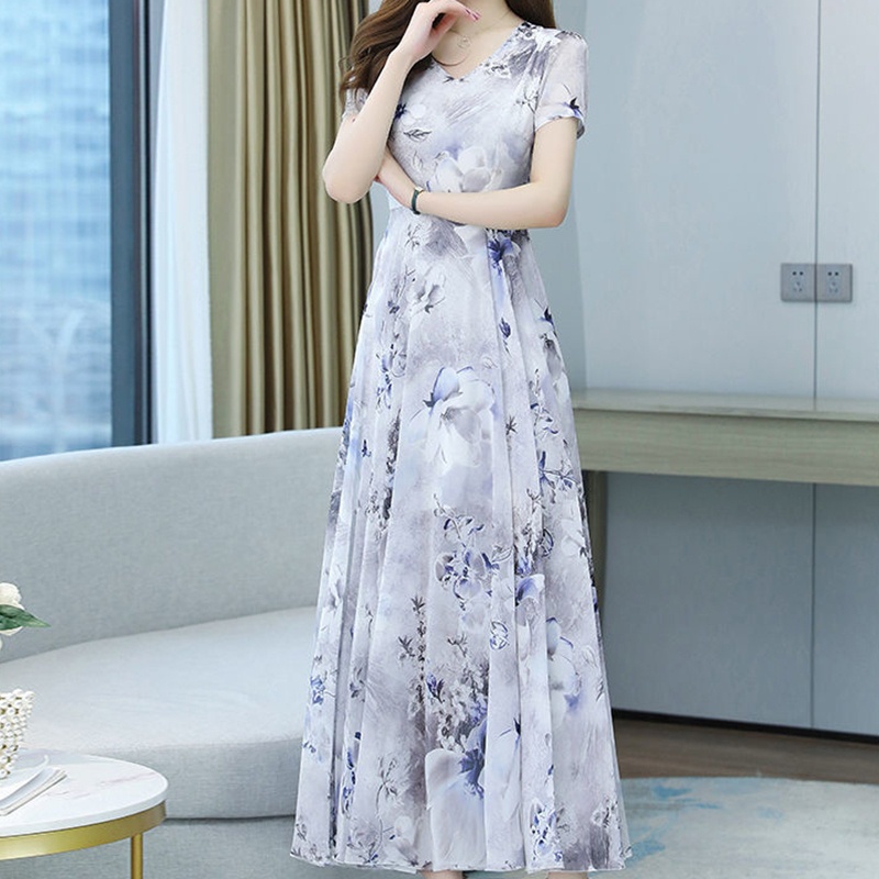 Đầm Maxi Chiffon Dài Dáng Chữ A Tay Ngắn Cổ Chữ V In Họa Tiết Hoa Cổ Điển Có Khóa Kéo Sau Lưng Cho Nữ