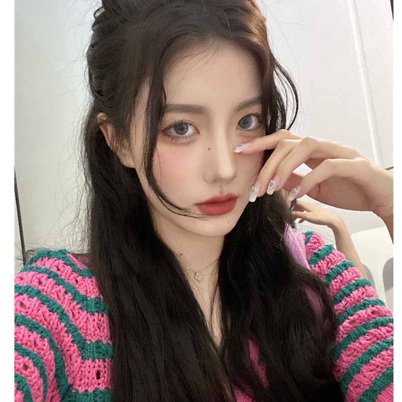 Áo Khoác Cardigan Dệt Kim Kẻ Sọc Màu Hồng Tương Phản Phong Cách Hàn Quốc