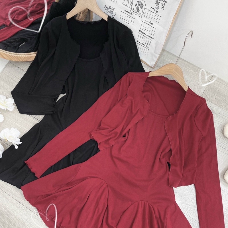 SET ĐẦM GÂN 2 DÂY ĐUÔI CÁ + ÁO KHOÁC GÂN NÚT