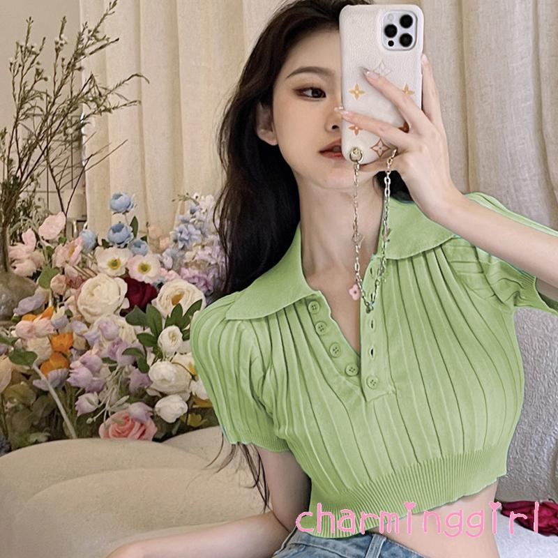 Áo Croptop Tay Ngắn Cổ Bẻ Cài Nút Màu Sắc Trơn Thời Trang Cho Nữ