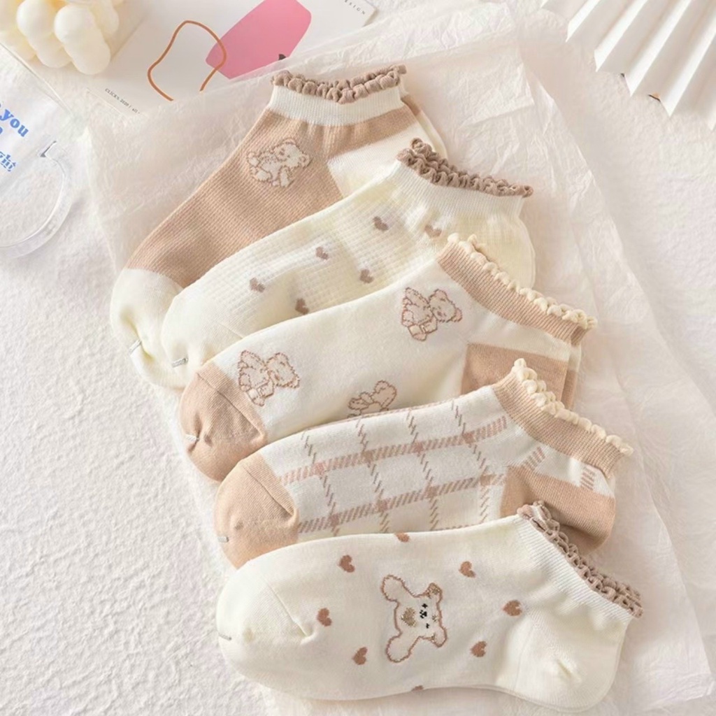 Set 5 Đôi Tất Nữ Cotton Cổ Bèo Tone Nâu Hoạ Tiết Gấu Cực Xinh.