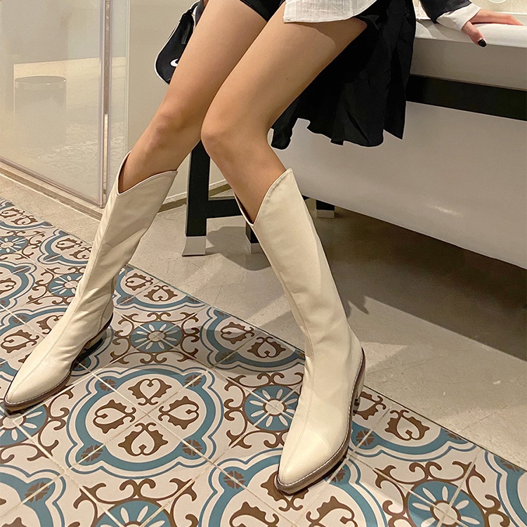 Ielgy Giày Bốt Cao Qua Gối Mũi Nhọn Gót Dày Màu Trắng Phong Cách Hàn Quốc Cổ Điển Thời Trang Cho Nữ