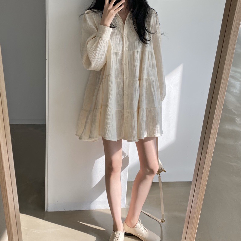 Váy Đầm Babydoll [Tiệm Vải Xinh] Váy Đầm Babydoll Dài Tay Cổ Đức