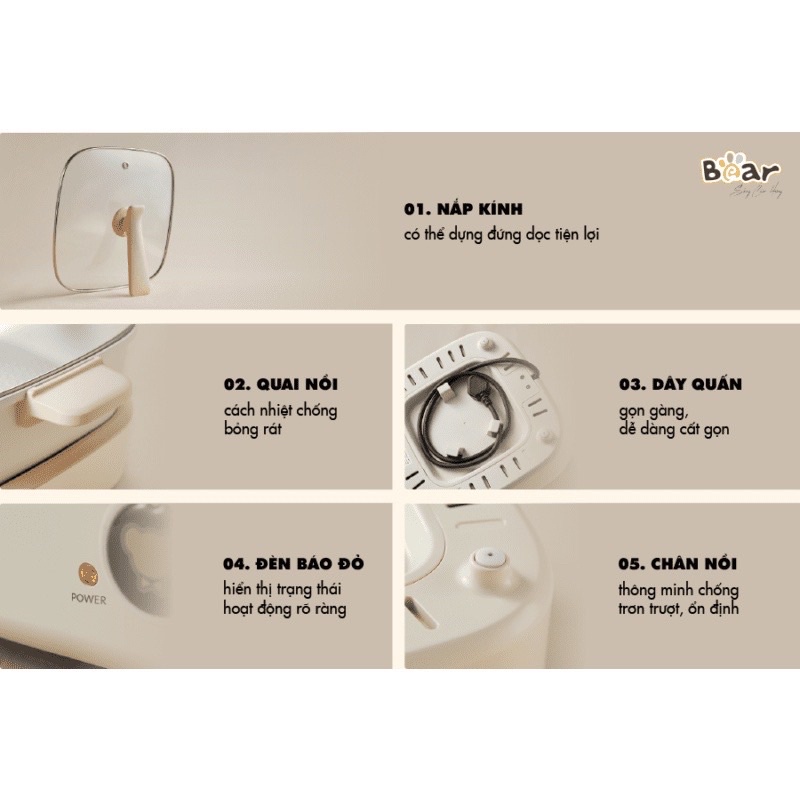 Nồi bếp lẩu nướng Bear C40M1-5L, công suất 1500w, dung tích 4l, 4 nấc nhiệt, bảo hành 12 tháng